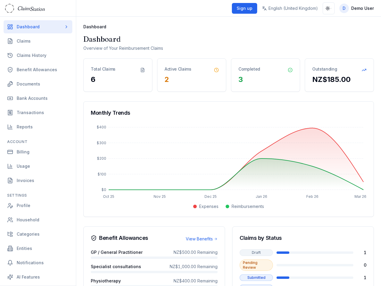 ClaimStation dashboard showing claims overview